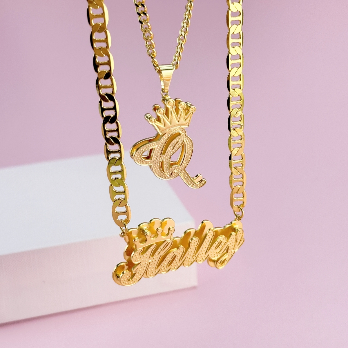 Heart Birthstone Double Plate Name Necklace and Shiny Heart Pendant Se