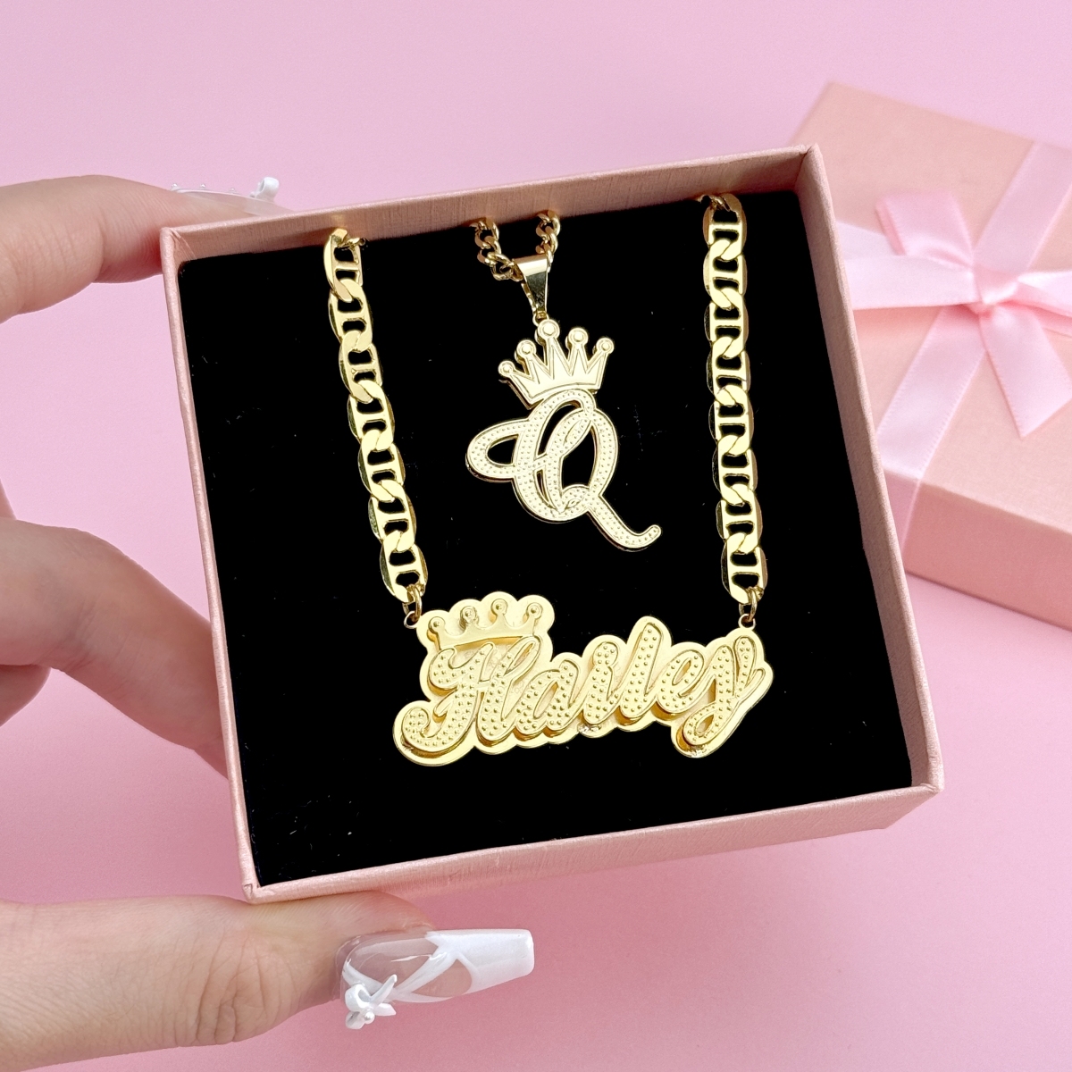 [Copy]Heart Birthstone Double Plate Name Necklace and Shiny Heart Pendant Set