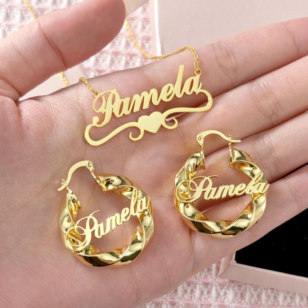 Personalized Heart Name Necklace and Twist Hoop Earrings Set 2pcs