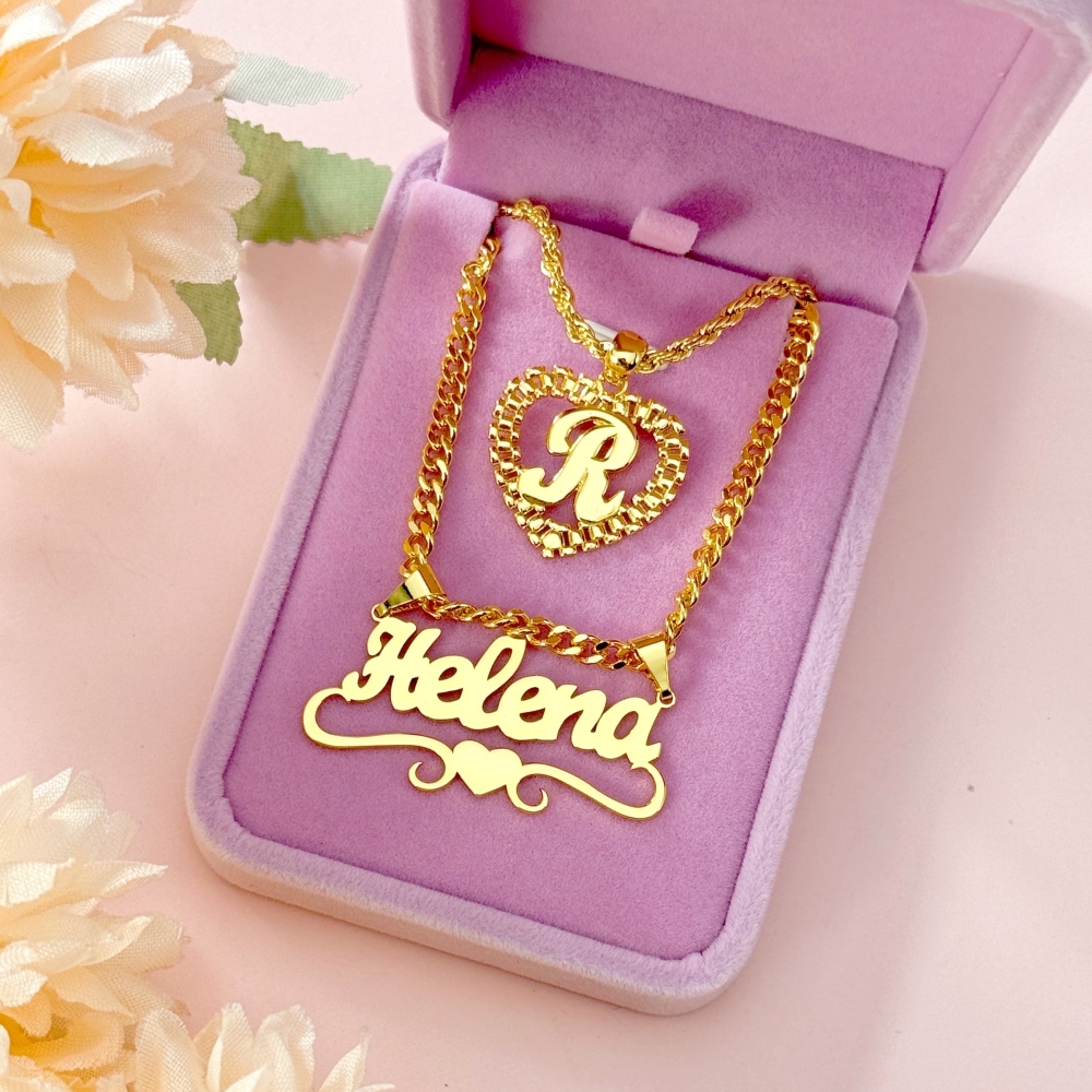Rx Style Heart Initial And Nameplate Pendants Necklace Set