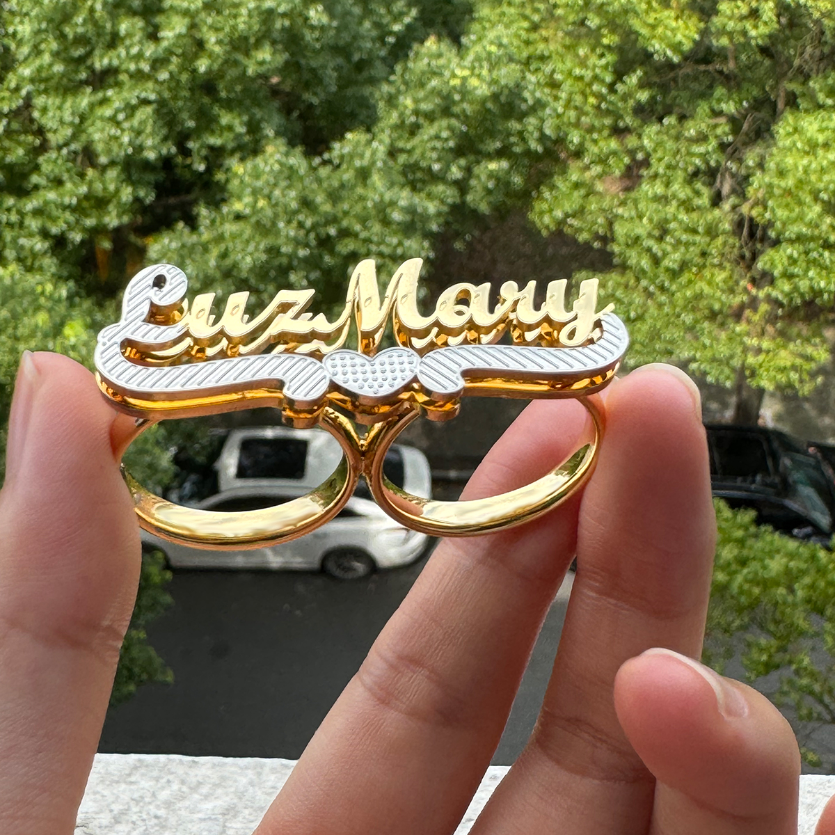 Two Finger Ring Personalized 3D Double Layer Name Ring