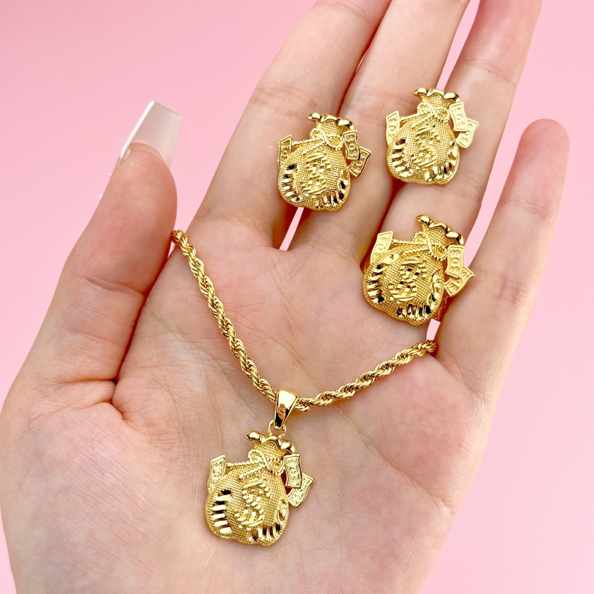 Money Bag Gold Plated Necklace Ring Stud Earrings Jewelry Set 3pcs