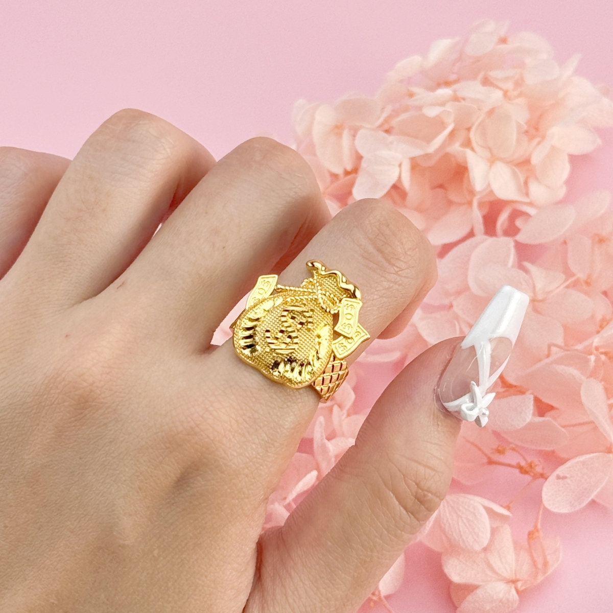 Money Bag Gold Plated Necklace Ring Stud Earrings Jewelry Set 3pcs