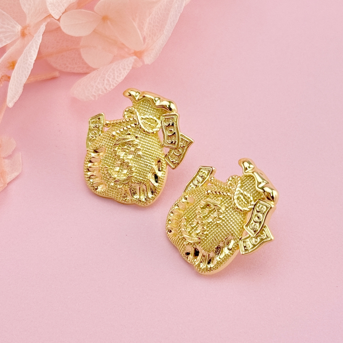 Money Bag Gold Plated Necklace Ring Stud Earrings Jewelry Set 3pcs