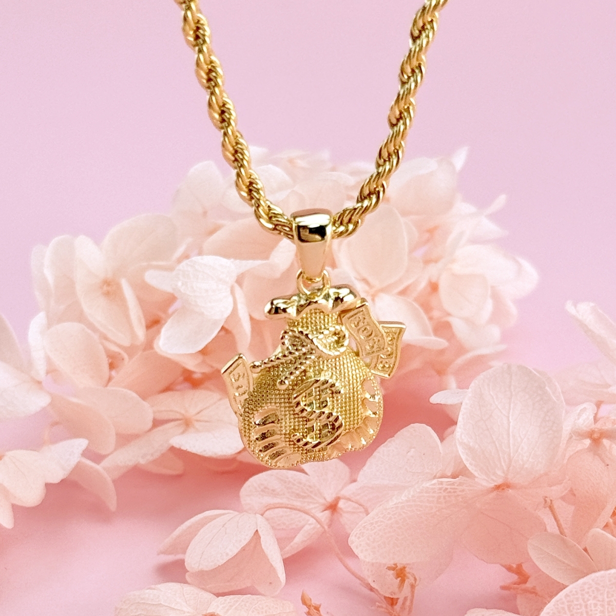 Money Bag Gold Plated Necklace Ring Stud Earrings Jewelry Set 3pcs