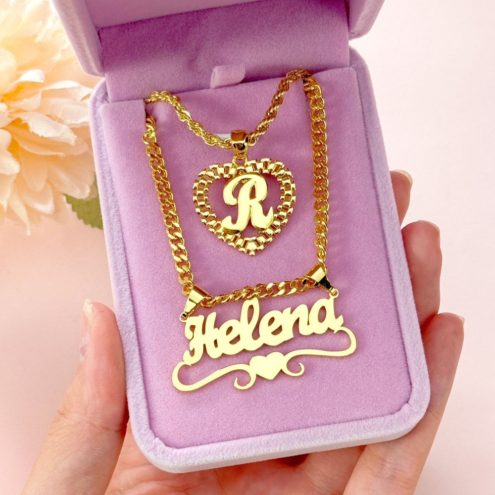 Rx Style Heart Initial And Nameplate Pendants Necklace Set