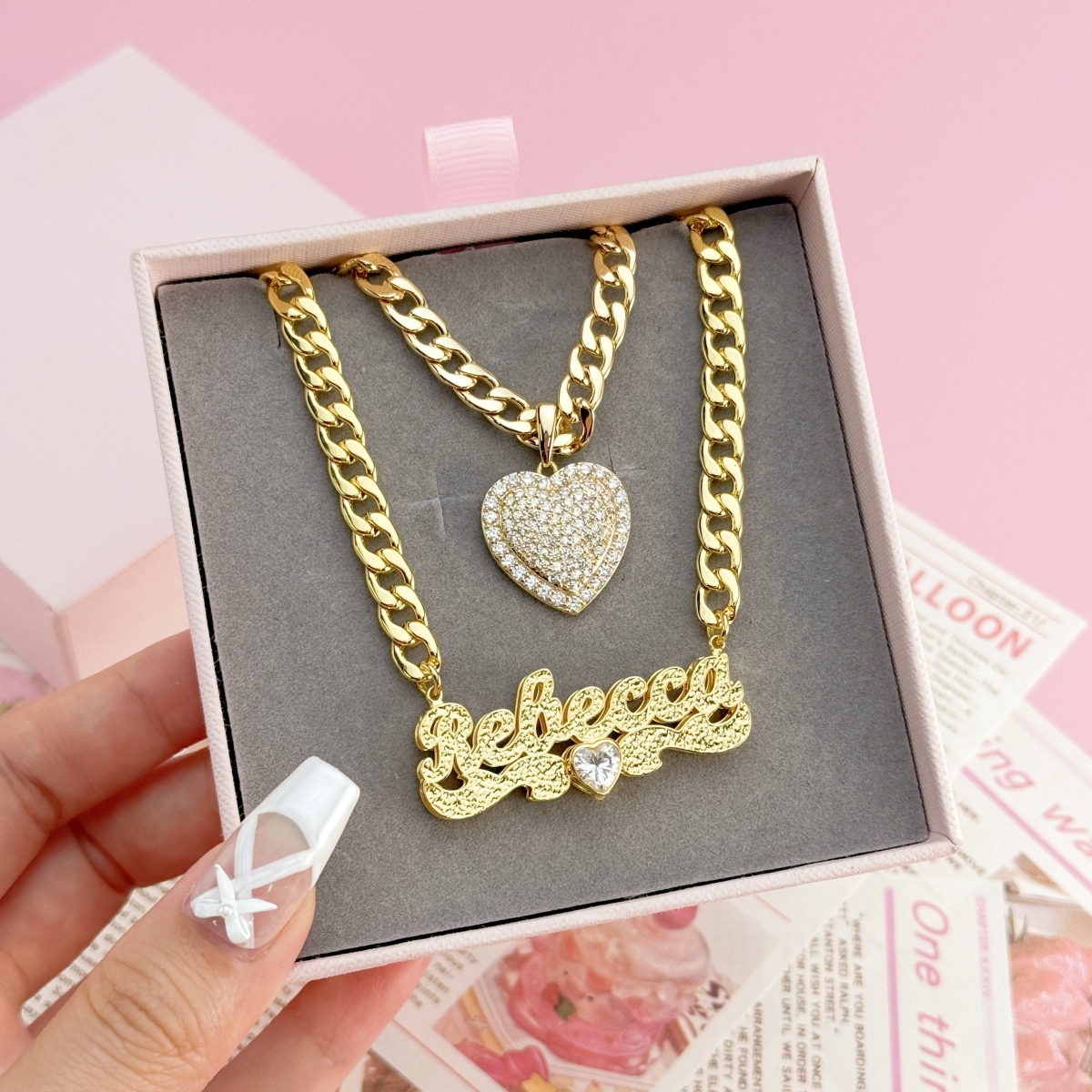 [Copy]Rx Style Heart Pendant And Nameplate with Heart Necklace Set