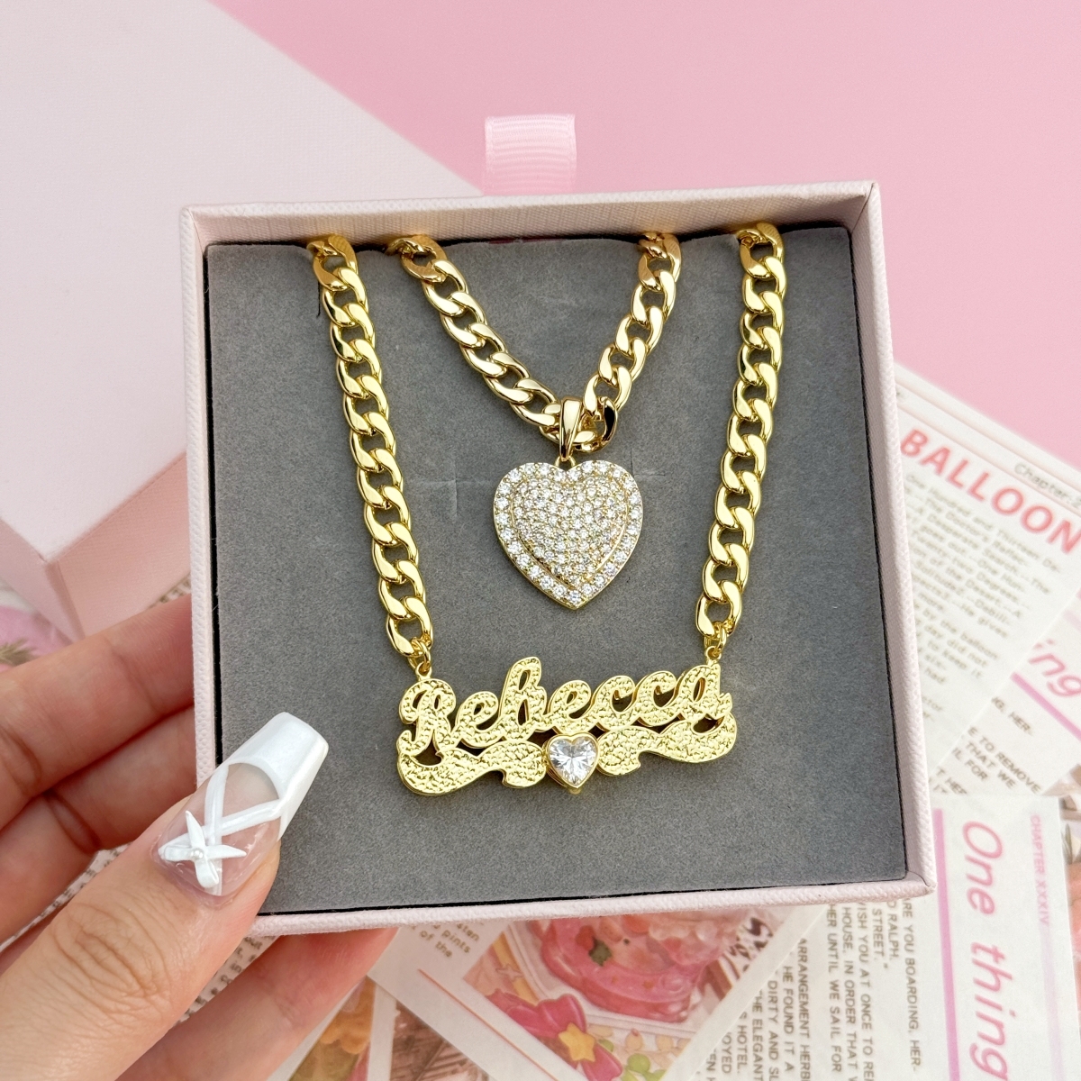 [Copy]Rx Style Heart Pendant And Nameplate with Heart Necklace Set