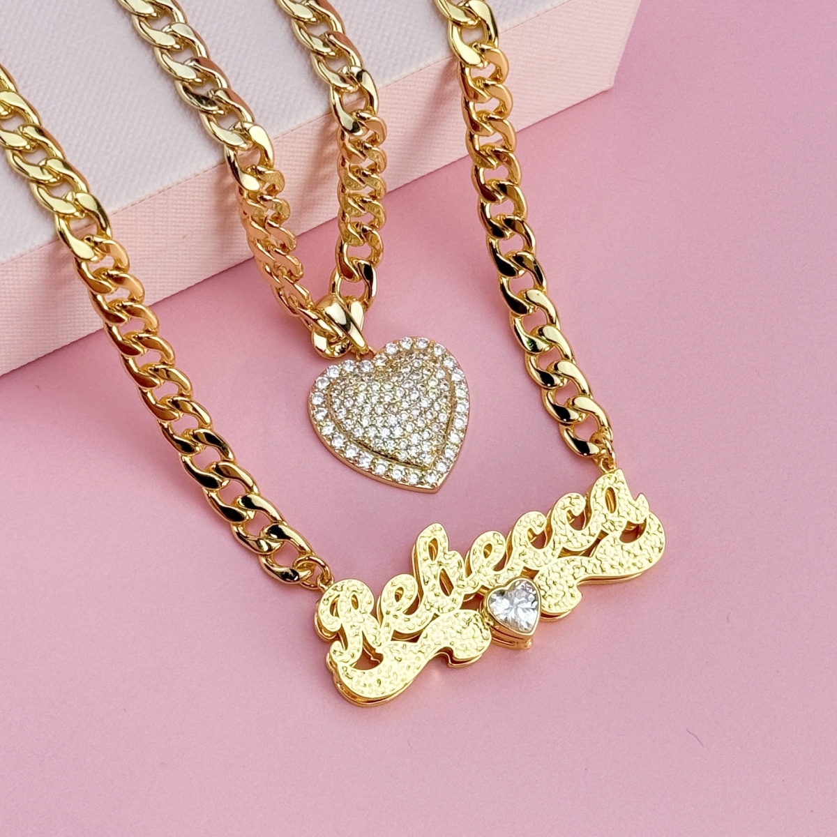 [Copy]Rx Style Heart Pendant And Nameplate with Heart Necklace Set