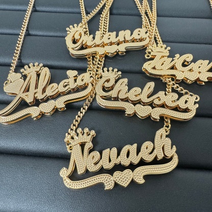 Custom Double Layer Name Necklace with Crown 3D Two Tone Name Pendant