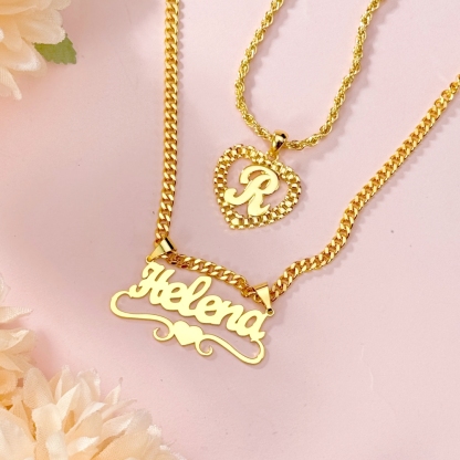 Rx Style Heart Initial And Nameplate Pendants Necklace Set