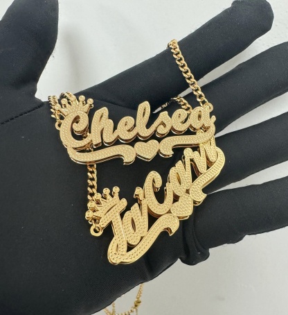 Custom Double Layer Name Necklace with Crown 3D Two Tone Name Pendant