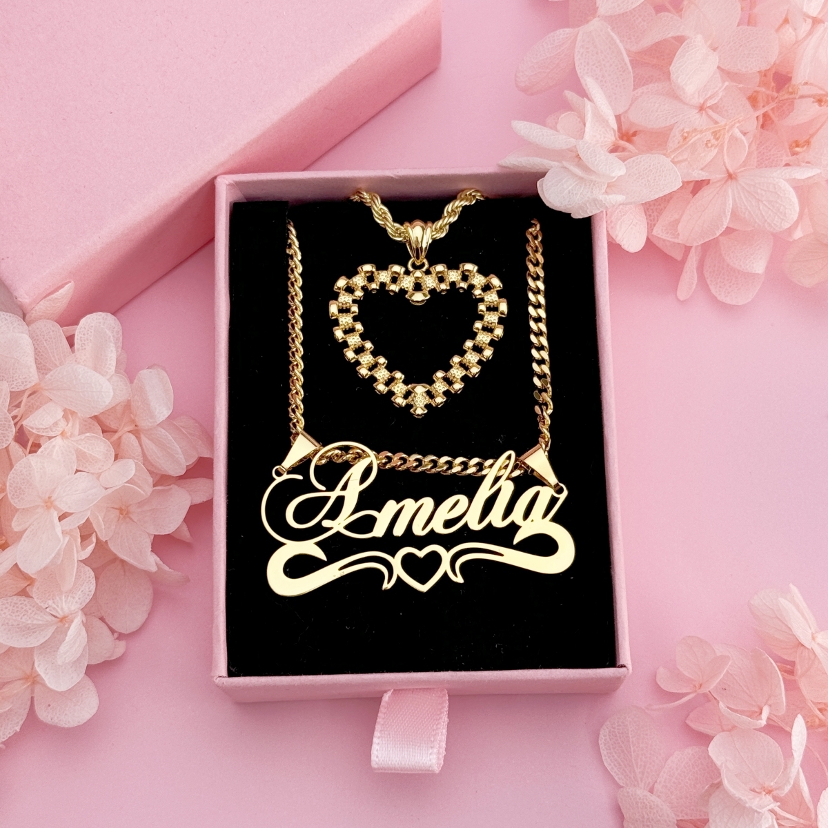 Rx Style Heart Pendant And Nameplate with Heart Necklace Set