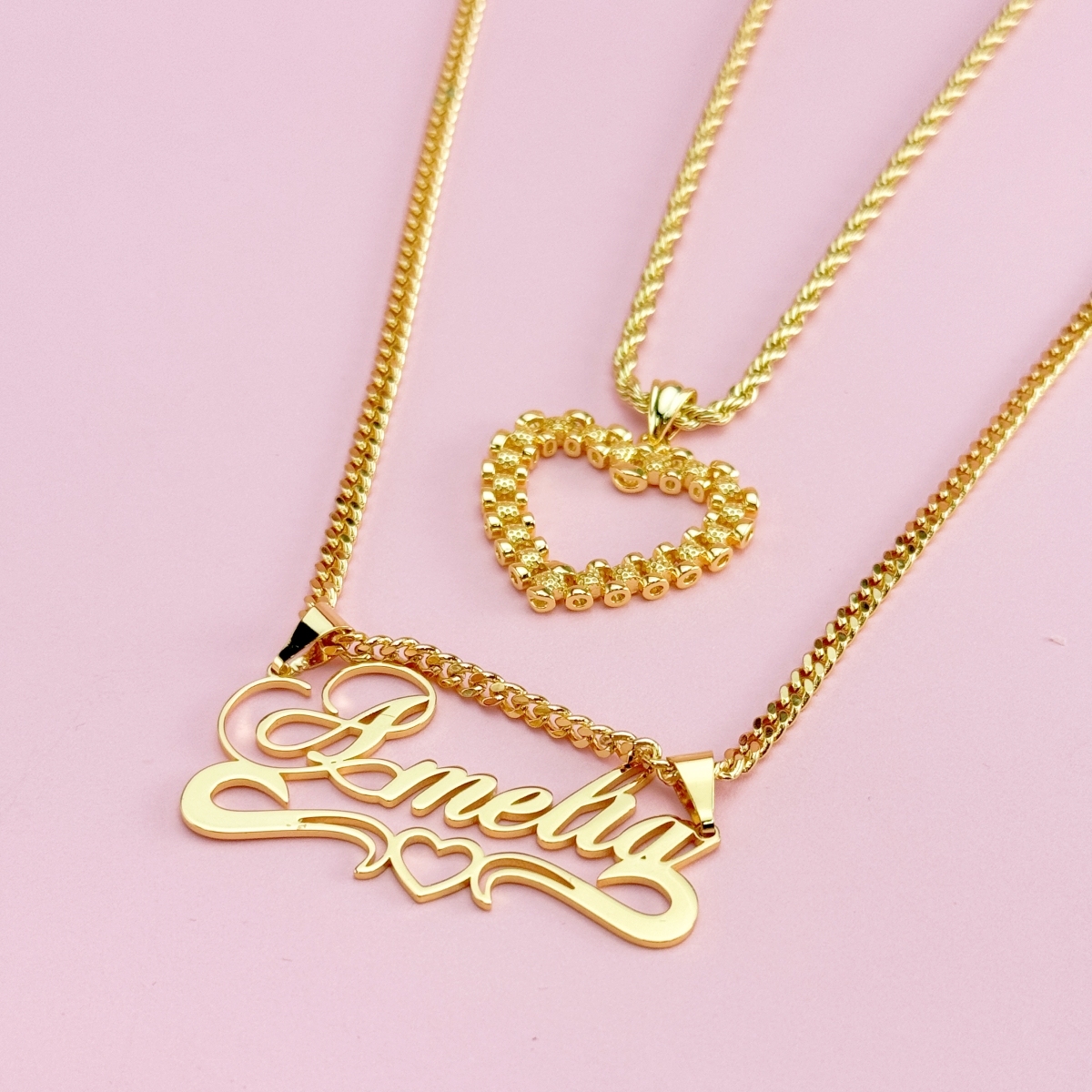 Rx Style Heart Pendant And Nameplate with Heart Necklace Set