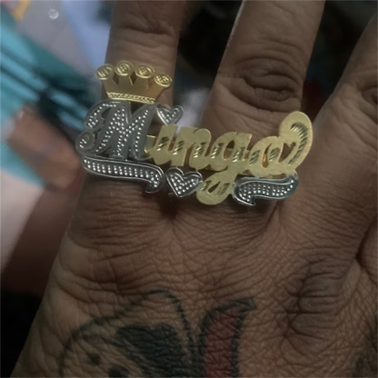 Double Finger Ring with Crown Personalized Custom Name Ring