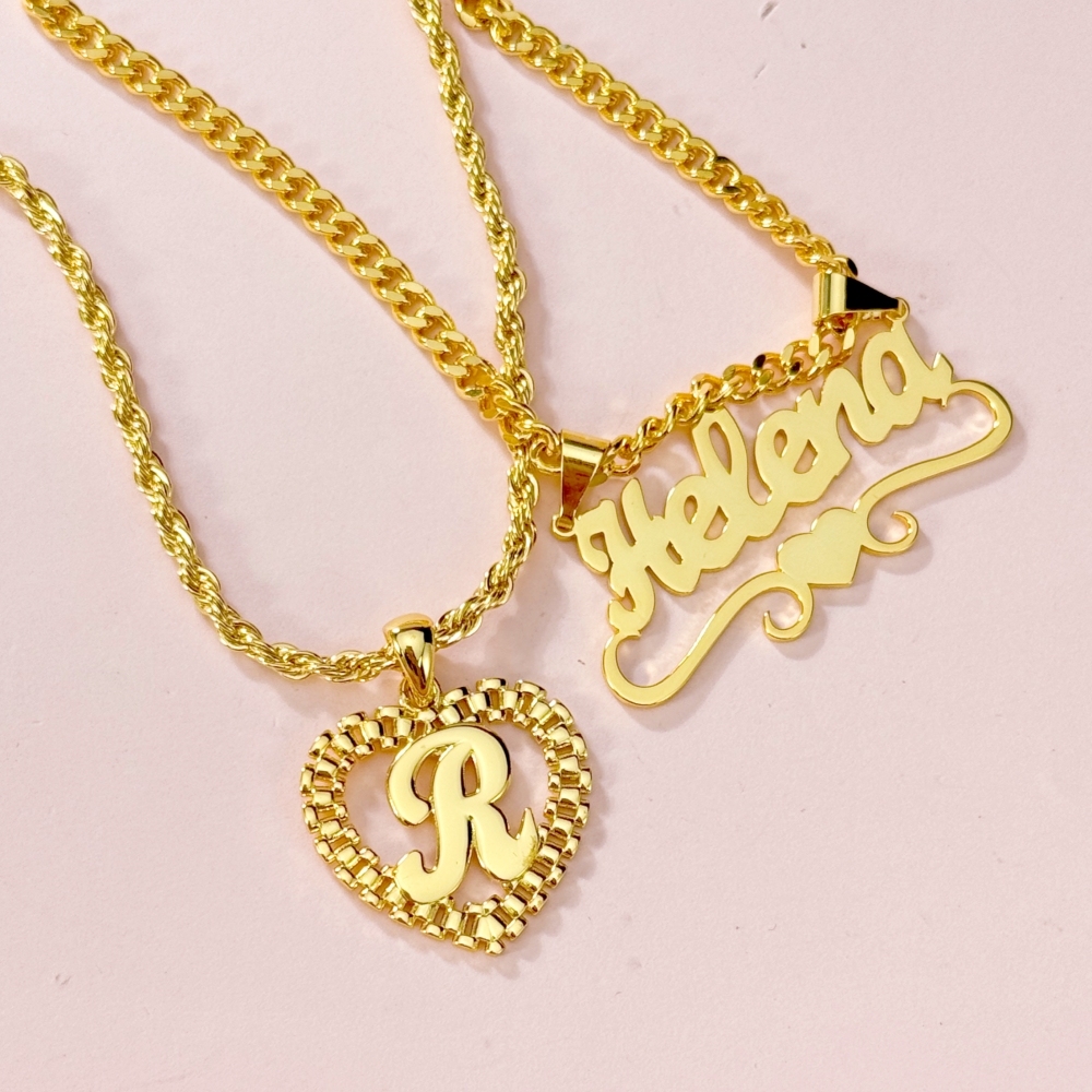 Rx Style Heart Initial And Nameplate Pendants Necklace Set