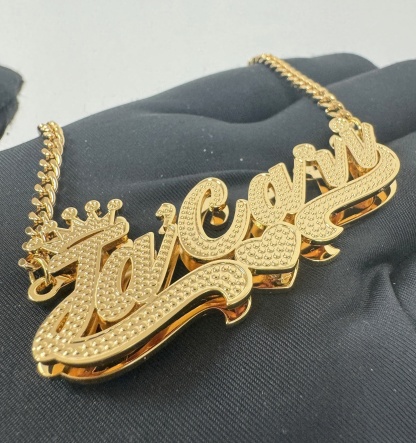 Custom Double Layer Name Necklace with Crown 3D Two Tone Name Pendant