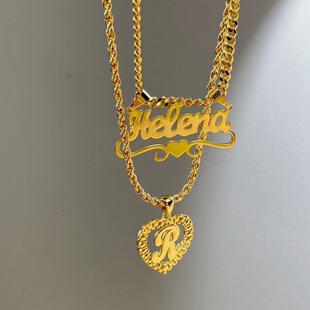 Rx Style Heart Initial And Nameplate Pendants Necklace Set