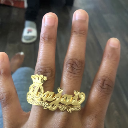 Double Finger Ring with Crown Personalized Custom Name Ring
