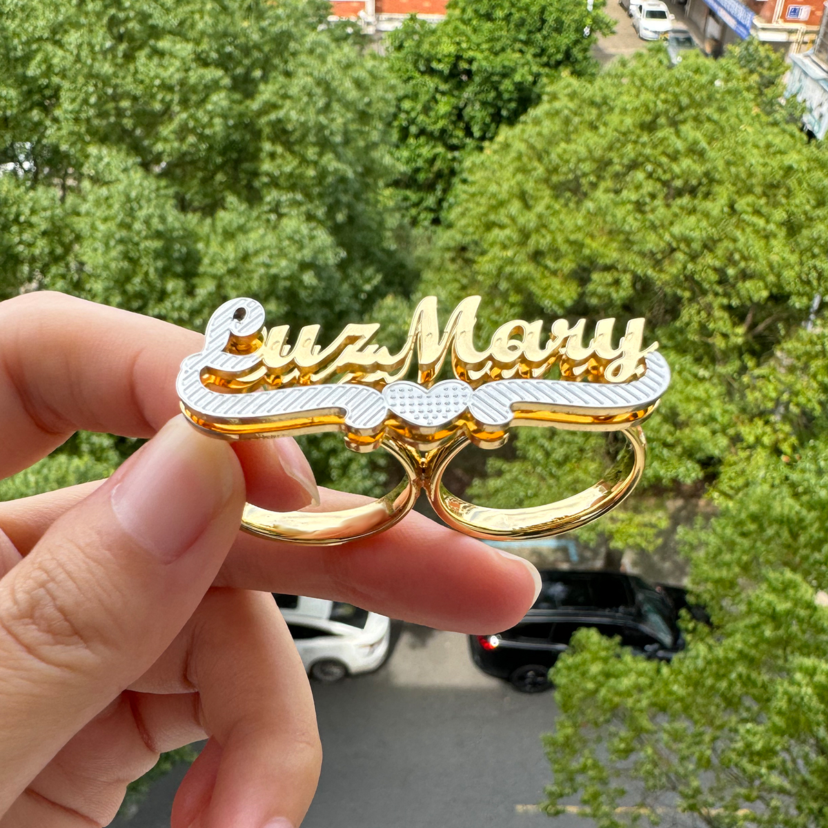 Two Finger Ring Personalized 3D Double Layer Name Ring