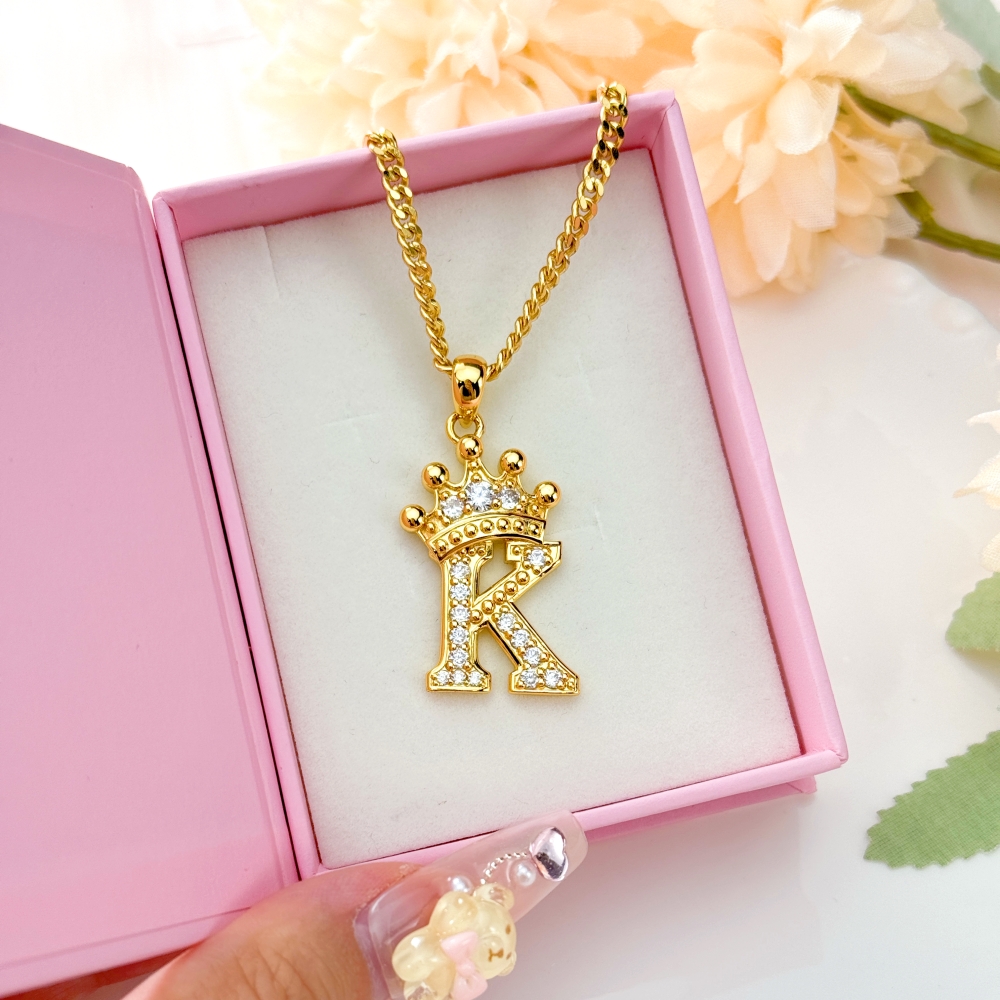 Custom Iced Out Crown A-Z Letter Initial Necklace Hip Hop Style