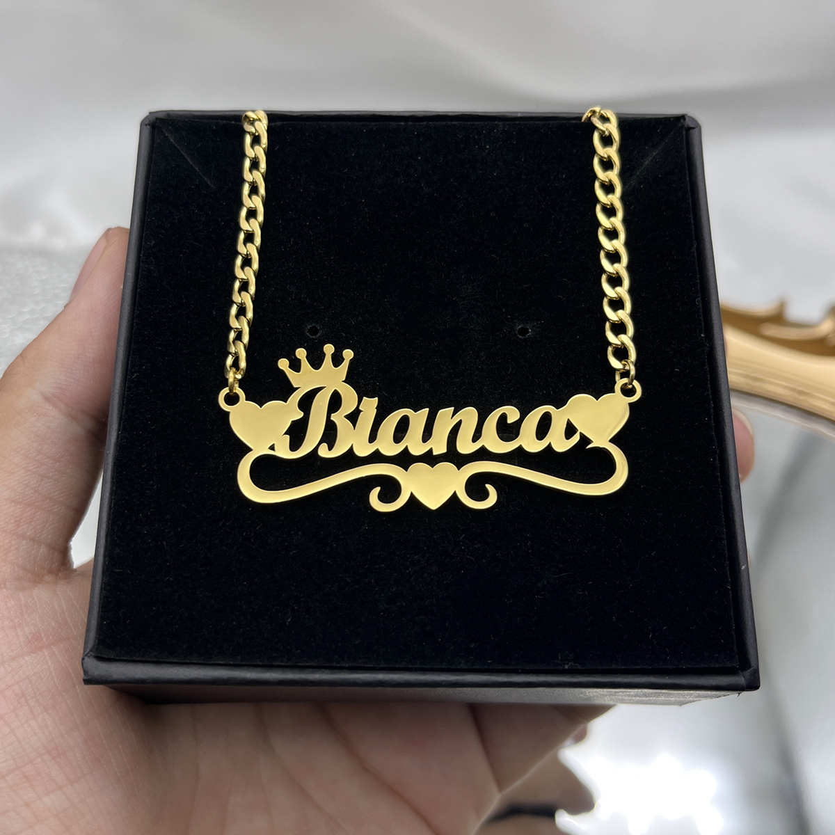 Custom Name Necklace with Heart Crown Personalized Cuban Chain Necklace For Girl