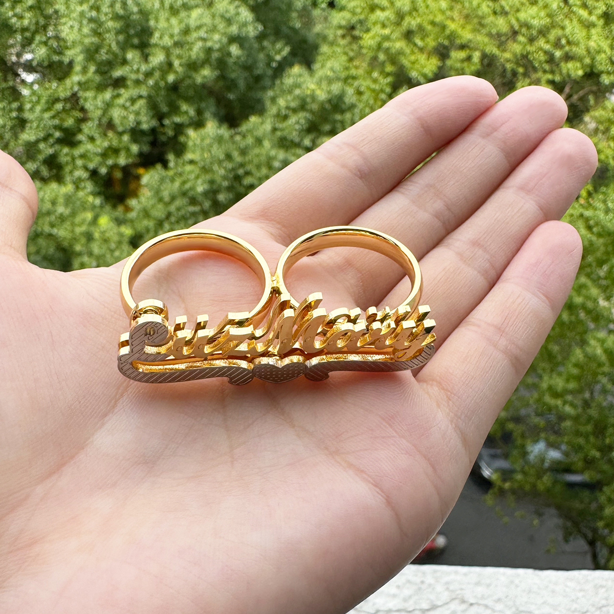 Two Finger Ring Personalized 3D Double Layer Name Ring