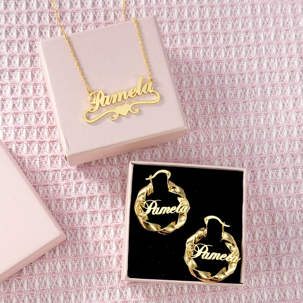 Personalized Heart Name Necklace and Twist Hoop Earrings Set 2pcs