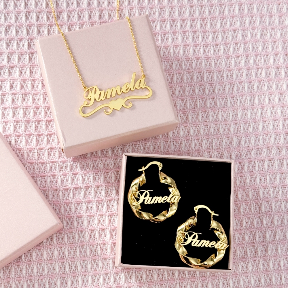 Personalized Heart Name Necklace and Twist Hoop Earrings Set 2pcs