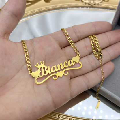 Custom Name Necklace with Heart Crown Personalized Cuban Chain Necklace For Girl