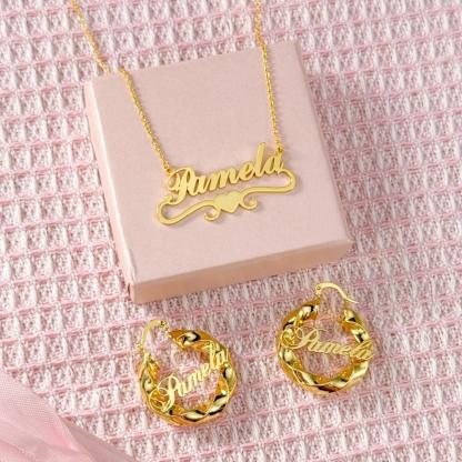 Personalized Heart Name Necklace and Twist Hoop Earrings Set 2pcs