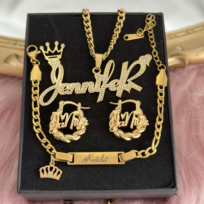 Peronalized Crown Nameplated Set Custom Name Necklace Bracelet And Mini Hoop Earrings