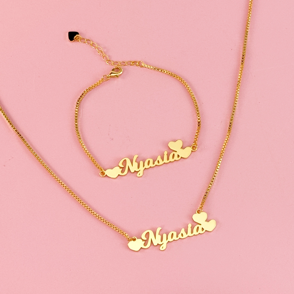 Custom Heart Name Necklace and Bracelet Jewelry Set Kids Set Box Chain