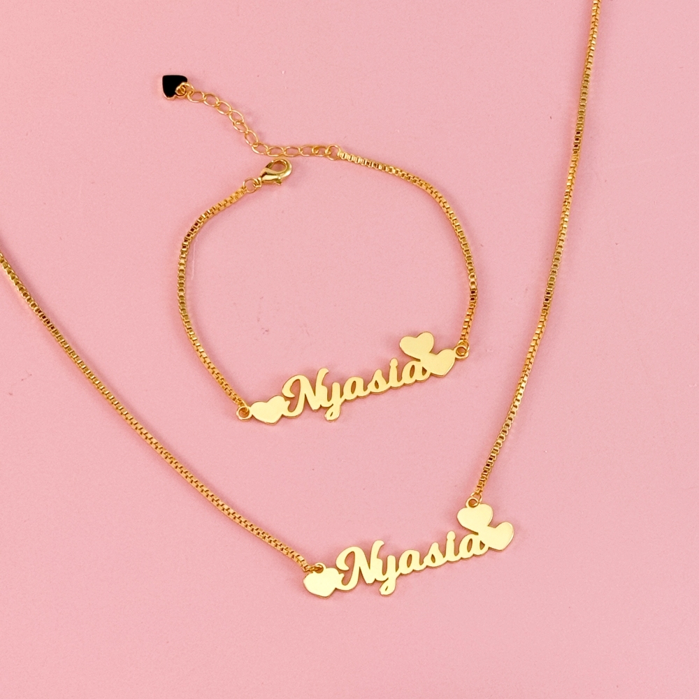 Custom Heart Name Necklace and Bracelet Jewelry Set Kids Set Box Chain