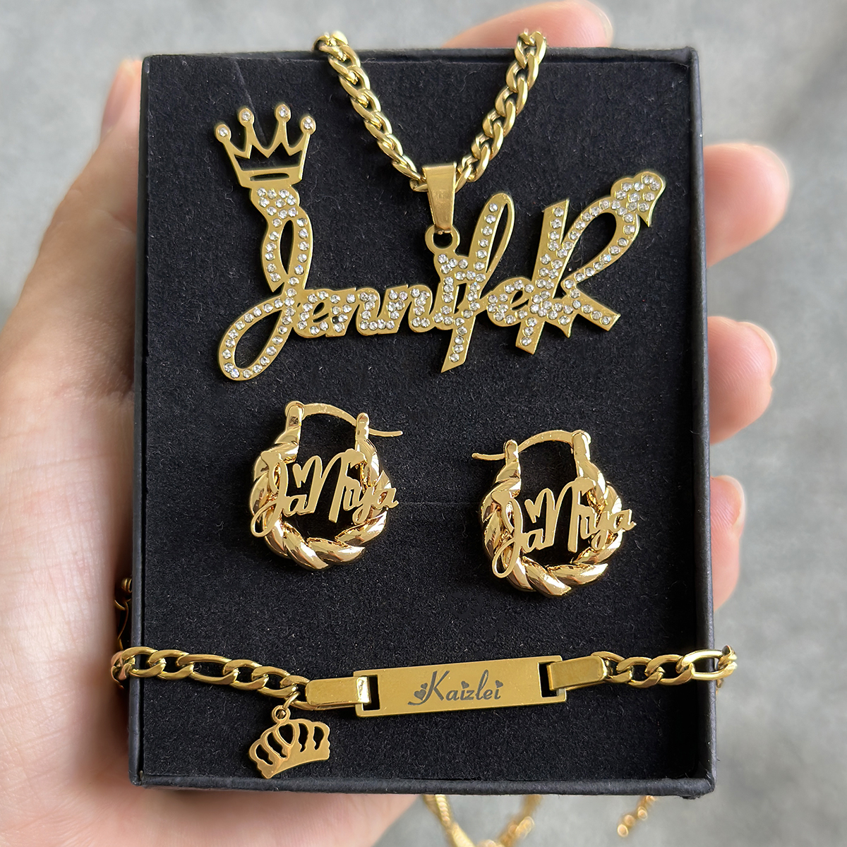 Peronalized Crown Nameplated Set Custom Name Necklace Bracelet And Mini Hoop Earrings