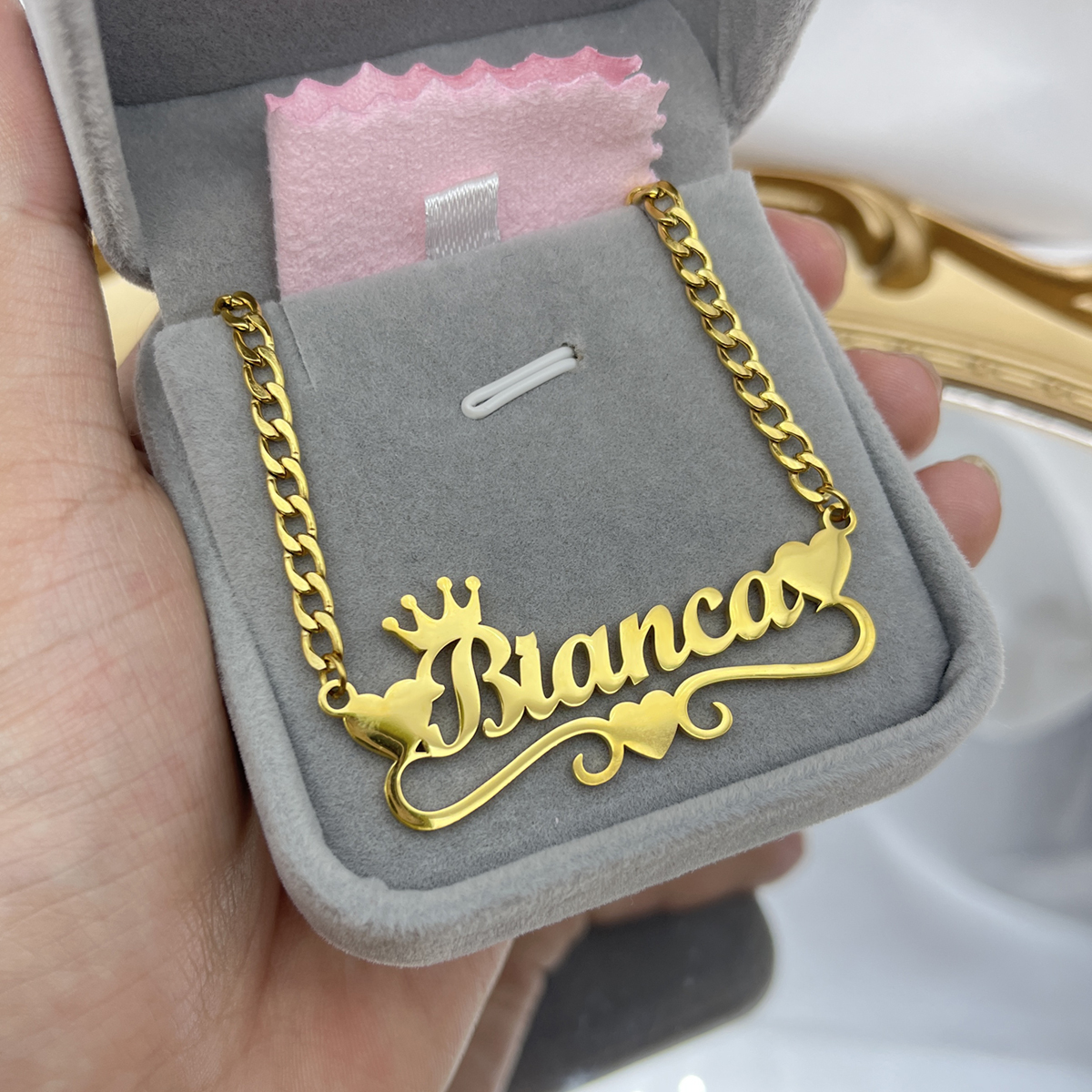 Custom Name Necklace with Heart Crown Personalized Cuban Chain Necklac