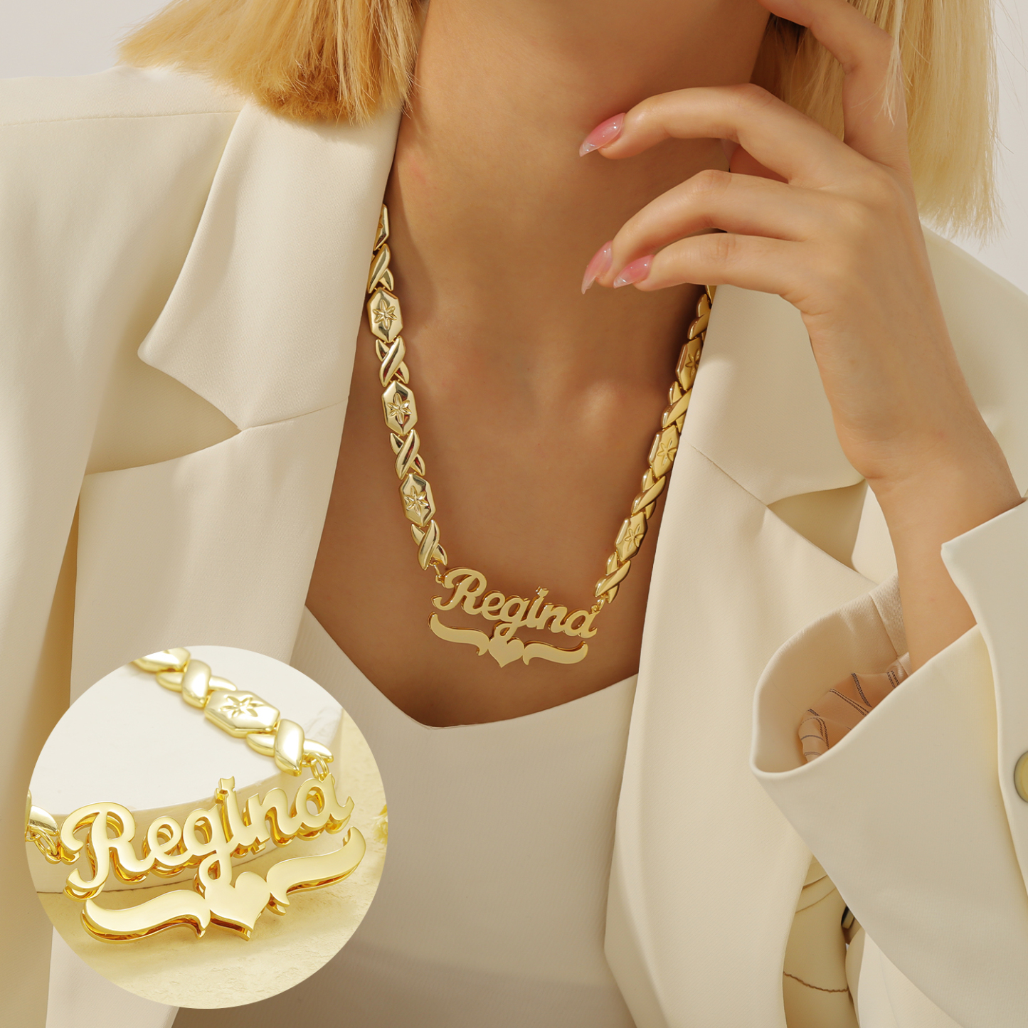 Double Name Necklace With XOXO Chain Personalized Hip Hop Necklace