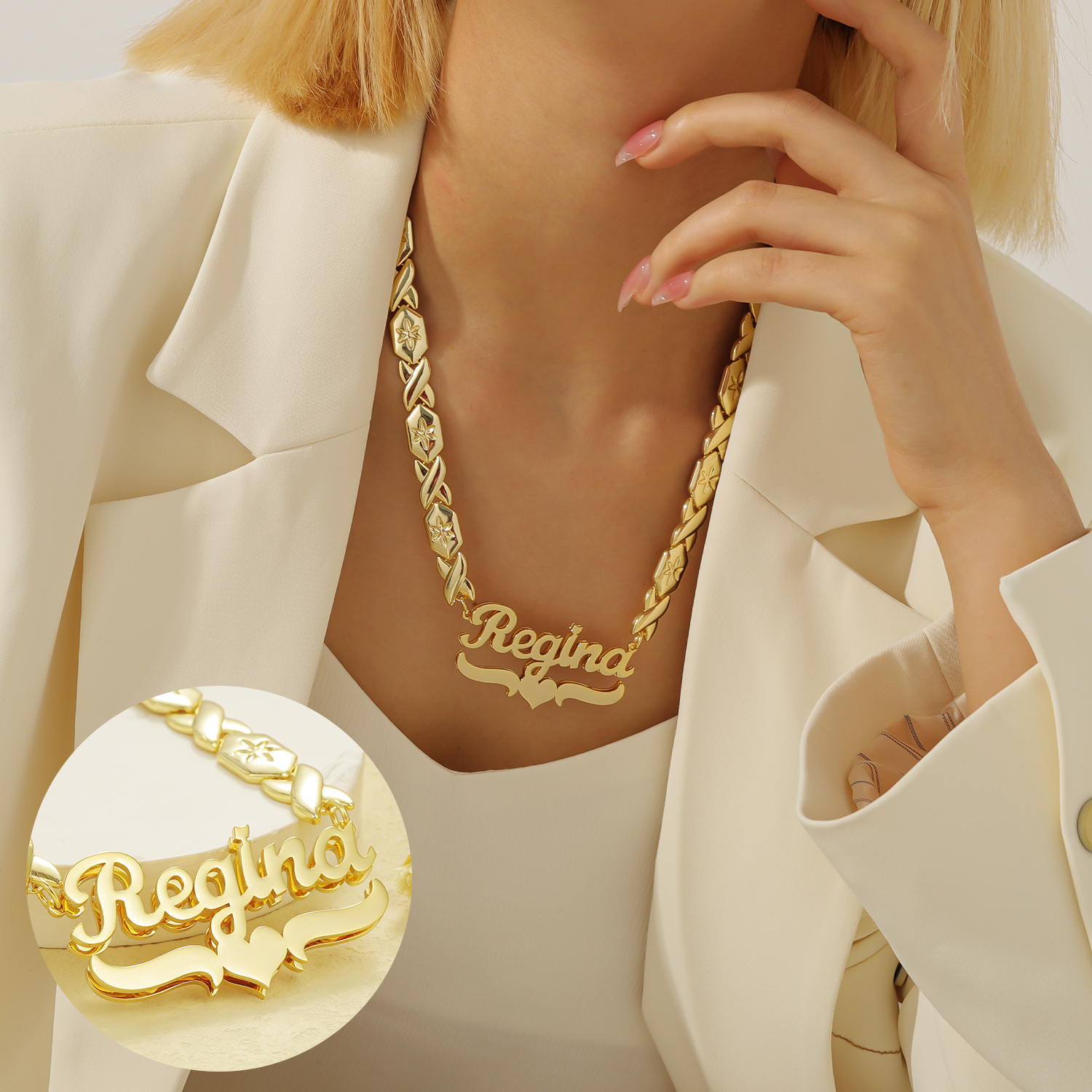 Double Name Necklace With XOXO Chain Personalized Hip Hop Necklace