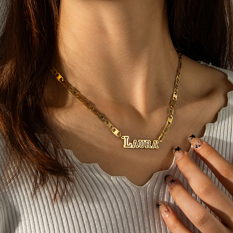 Flat Chain Hollow Letters Necklaces Custom Name Necklace 