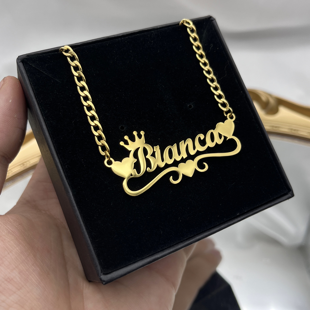 Custom Name Necklace with Heart Crown Personalized Cuban Chain Necklace For Girl