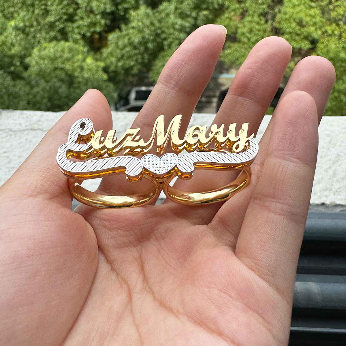 Two Finger Ring Personalized 3D Double Layer Name Ring