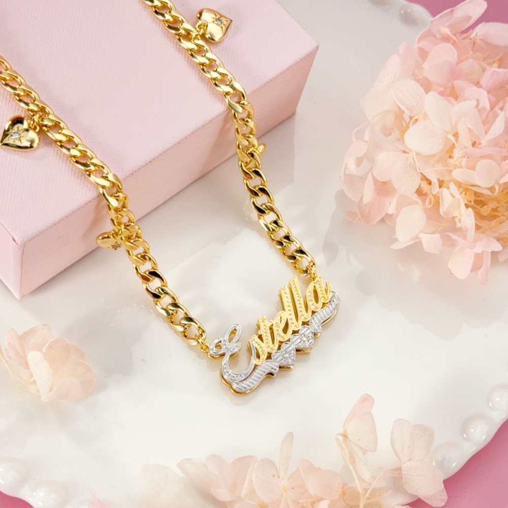 Double Plated Two Tone Two Hearts Pendant Personalized Gold Plated Name Necklace