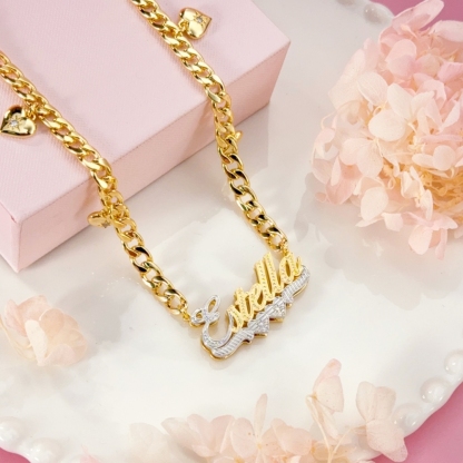 Double Plated Two Tone Two Hearts Pendant Personalized Gold Plated Name Necklace