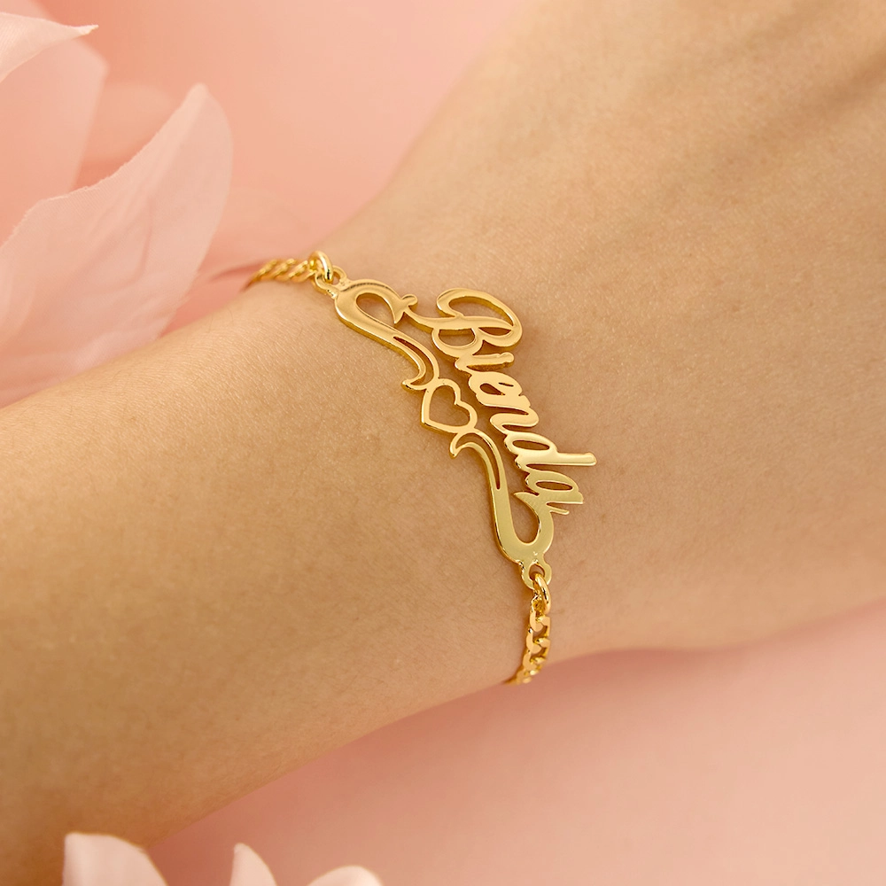 Personalized Heart Nameplate Necklace Bracelet and Bamboo Earrigs Jewelry Set