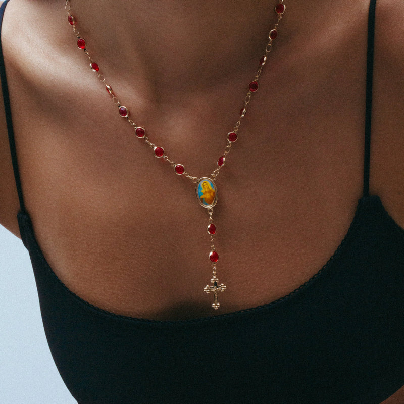 The Red Stone Rosary Necklace Cross Jewelry