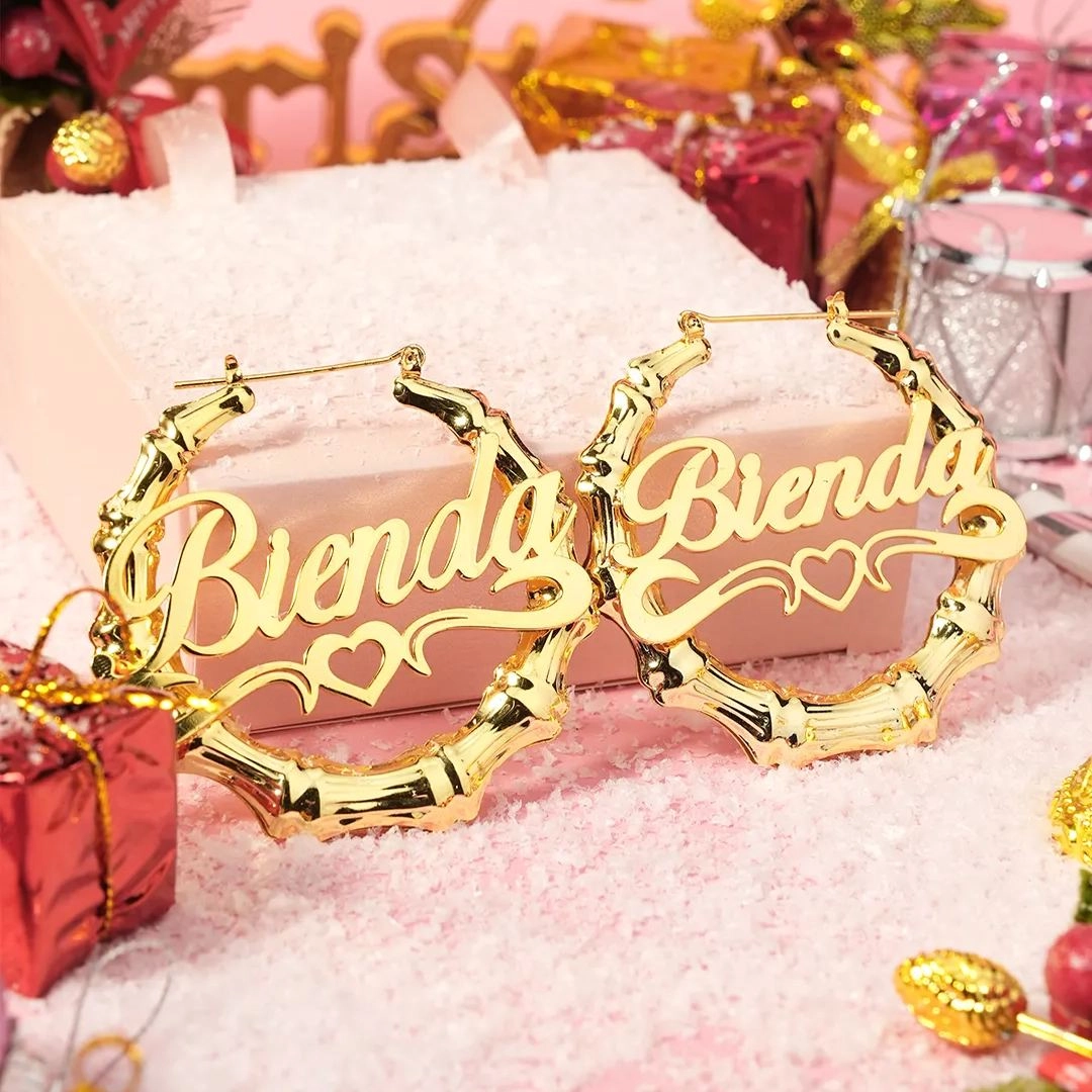 Personalized Heart Nameplate Necklace Bracelet and Bamboo Earrigs Jewelry Set