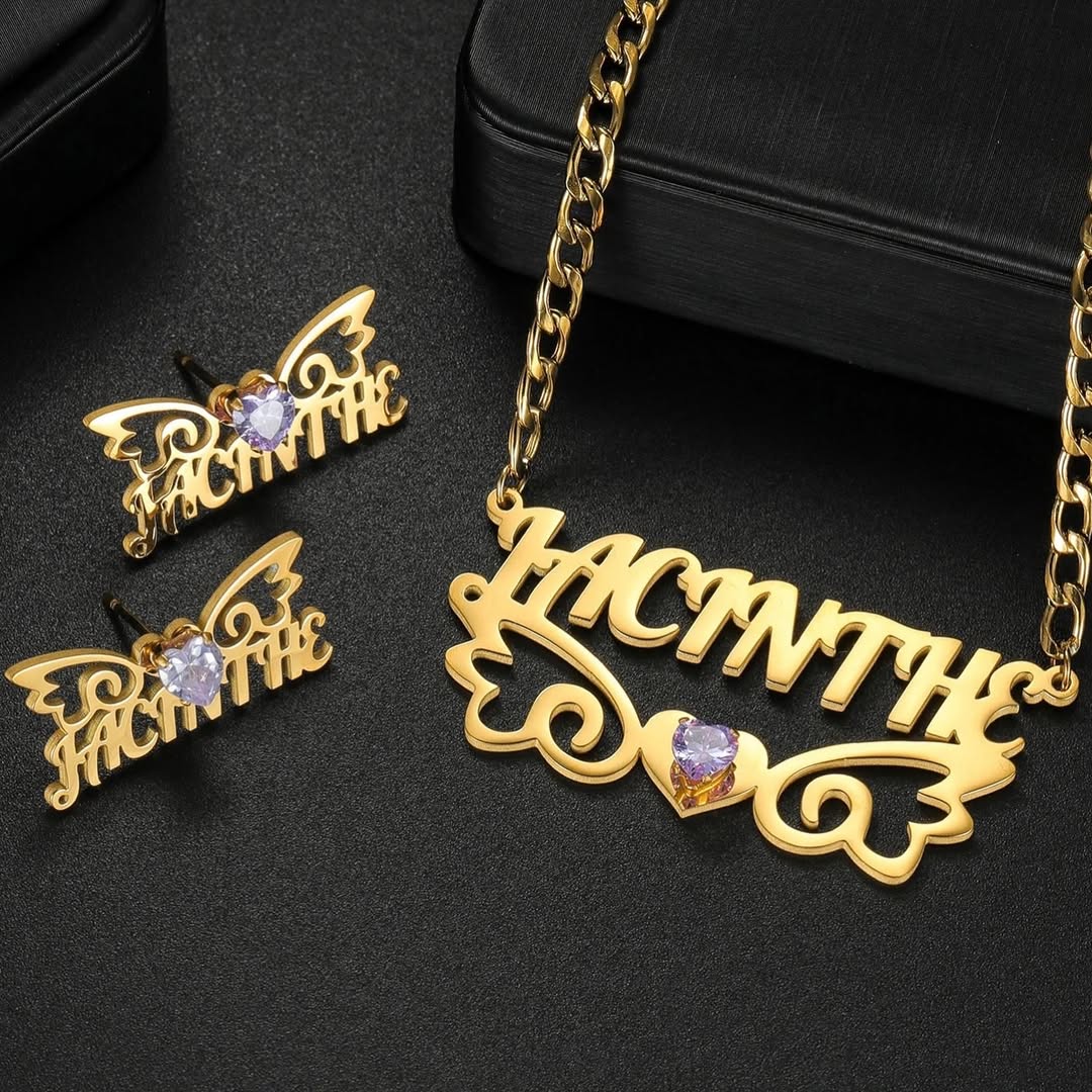 Personalized Angel Wings Heart Birthstone Nameplate Necklace Stud Earrings Set