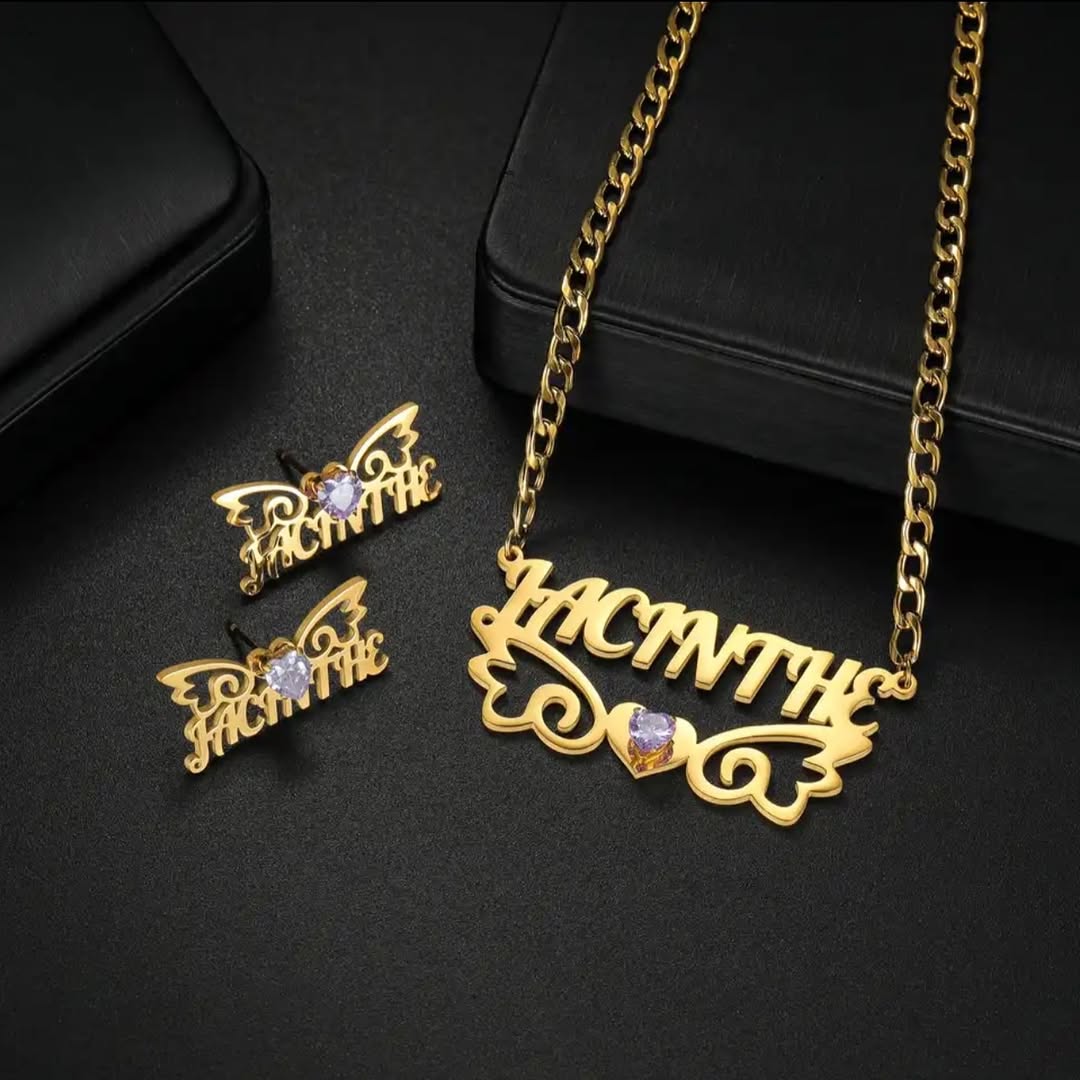 Personalized Angel Wings Heart Birthstone Nameplate Necklace Stud Earrings Set