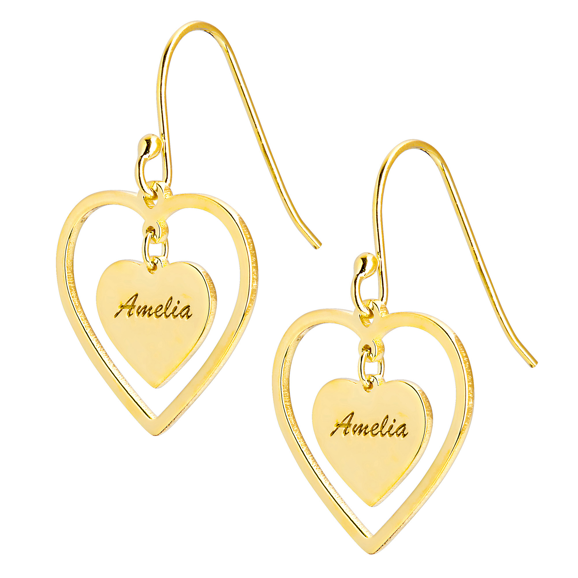Double Heart Engraved Name Earrings Dangle Earrings Gold Plated Stud Earrings