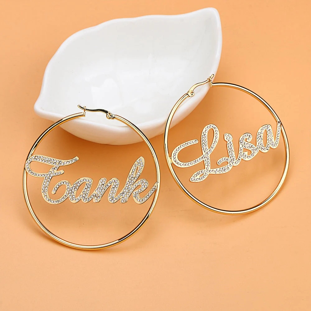 Bling Diamond Name Earrings Gold Plated Personalized Custom Name Hoop Earrings 